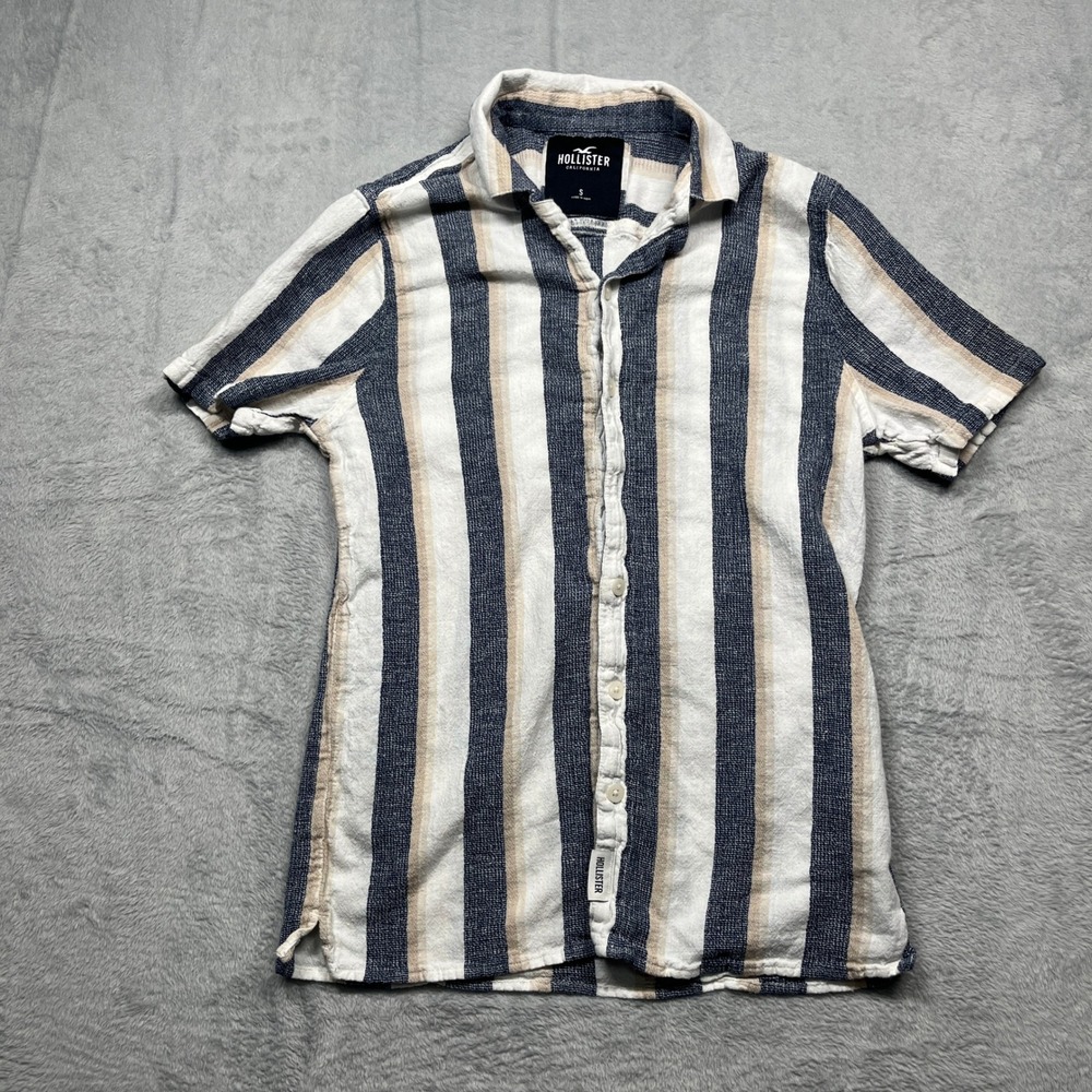 Hollister Button Down Shirt Mens Blue White Striped Linen Short Sleeve Small